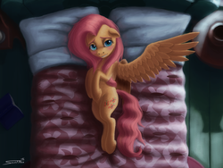 Size: 2000x1500 | Tagged: safe, artist:sa1ntmax, fluttershy, g4, bed, bedroom, blushing, female, floppy ears, looking at you, lying, on back, on side, solo, spread wings