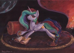 Size: 1024x734 | Tagged: safe, artist:satynapaper, princess celestia, g4, book, female, fireplace, gouache, looking at you, solo, traditional art