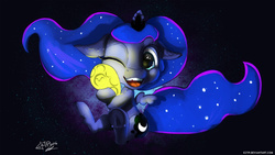 Size: 1920x1080 | Tagged: safe, artist:eztp, princess luna, g4, cute, female, filly, floppy ears, hug, moon, sitting, solo, space, tangible heavenly object, underhoof, wink, woona, younger