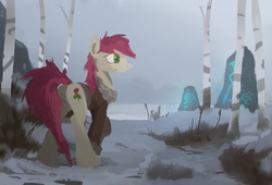 Size: 2500x1695 | Tagged: safe, artist:fuzzyfox11, roseluck, earth pony, pony, g4, clothes, female, forest, jacket, mare, snow, solo, winter