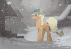 Size: 2500x1732 | Tagged: safe, artist:fuzzyfox11, applejack, g4, female, hat, snow, snowfall, solo, winter