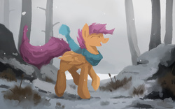 Size: 2500x1562 | Tagged: safe, artist:fuzzyfox11, scootaloo, g4, clothes, eyes closed, female, forest, scarf, snow, snowfall, solo, winter