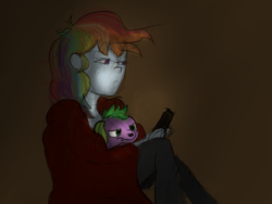 Size: 800x600 | Tagged: safe, artist:steadfast hoof, rainbow dash, spike, dog, equestria girls, g4, blanket, cuddling, daily doodle spikedash prompt, female, humanized, male, phone, ship:rainbowspike, shipping, snuggling, spike the dog, straight