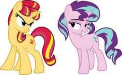 Size: 7708x4770 | Tagged: safe, artist:1992zepeda, starlight glimmer, sunset shimmer, pony, unicorn, equestria girls, g4, absurd resolution, alternate hairstyle, duo, female, lidded eyes, mane swap, mare, show accurate, simple background, smug, transparent background, vector