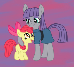 Size: 661x600 | Tagged: safe, artist:squipycheetah, apple bloom, maud pie, g4, happy, hug, maudbloom, smiling, when she smiles