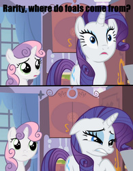 Size: 1012x1300 | Tagged: safe, screencap, rarity, sweetie belle, g4, cringing, meme, naive sweetie belle, the birds and the bees, the talk