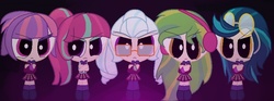 Size: 840x311 | Tagged: safe, artist:mikamiau, indigo zap, lemon zest, sour sweet, sugarcoat, sunny flare, equestria girls, g4, my little pony equestria girls: friendship games, headphones, shadow five, style emulation, the powerpuff girls, unleash the magic