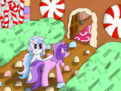 Size: 2400x1800 | Tagged: safe, amethyst star, sparkler, oc, oc:starburn, oc:tinisparkler, pony, unicorn, g4, butt, candy, cute, digital, food, gingerbread house, micro, plot