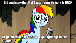 Size: 1366x768 | Tagged: safe, artist:fimflamfilosophy, edit, rainbow dash, rainbow dash presents, g4, actually pretty funny, female, image macro, m.a. larson, meme, rainbow's pun, solo, thanks m.a. larson, truth