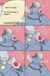 Size: 2010x3020 | Tagged: safe, artist:creepycurse, iron will, minotaur, ask iron will, g4, ask, comic, dragon ball, dragon ball z, high res, male, solo, tumblr, whispering