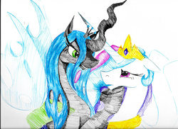 Size: 1024x745 | Tagged: dead source, safe, artist:missivoryrainbow, princess celestia, queen chrysalis, alicorn, changeling, changeling queen, pony, g4, female, taunting, traditional art, watermark