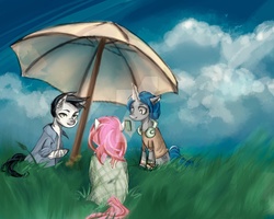 Size: 1024x821 | Tagged: safe, artist:lyrainjacket, oc, oc:homage, oc:life bloom, oc:xenith, fallout equestria, crossover, headphones, umbrella