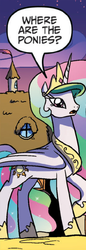 Size: 263x763 | Tagged: safe, idw, princess celestia, alicorn, pony, g4, confused, female, frown, open mouth, question, raised hoof, reaction image, solo, speech bubble, where are the ponies