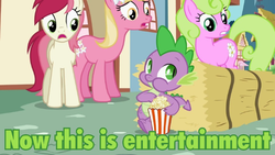 Size: 720x405 | Tagged: safe, screencap, daisy, flower wishes, lily, lily valley, roseluck, spike, g4, the cutie pox, flower trio, food, image macro, meme, popcorn