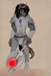 Size: 2000x3000 | Tagged: safe, artist:evehly, king sombra, anthro, unguligrade anthro, g4, armor, axe, high res, male, menacing, solo