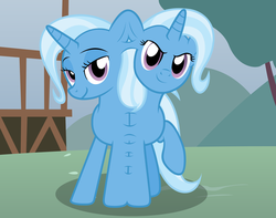 Size: 2863x2259 | Tagged: safe, artist:badumsquish, derpibooru exclusive, trixie, original species, pony, unicorn, g4, asexual reproduction, budding, division, female, high res, looking at you, mare, mitosis, multeity, science in the comments, smirk, solo, split-face, the fun has been doubled, wat, xk-class end-of-the-world scenario