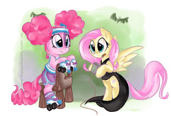 Size: 1056x718 | Tagged: safe, artist:vago-xd, fluttershy, pinkie pie, earth pony, pegasus, pony, g4, scare master, clothes, costume, nightmare night costume, pinkie puffs, roller skates