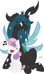 Size: 1280x2155 | Tagged: safe, artist:midnightblitzz, artist:nekotigerfire, queen chrysalis, sweetie belle, changeling, changeling queen, pony, unicorn, g4, annoyed, blushing, colored, cute, cutealis, diasweetes, duo, duo female, eyes closed, female, filly, foal, funny, mare, queen chrysalis is not amused, simple background, singing, transparent background, unamused, vector