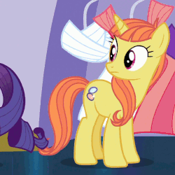 Size: 580x580 | Tagged: safe, screencap, citrus blush, rarity, pony, unicorn, canterlot boutique, g4, animated, background pony, blinking, both cutie marks, clothes, clothes hanger, coat rack, concerned, cute, dress, female, hair flip, mane flip, mare, solo focus, turning, weapons-grade cute
