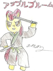 Size: 1149x1528 | Tagged: safe, artist:javierman, apple bloom, earth pony, pony, g4, bipedal, clothes, female, grin, japanese, martial arts, samurai, simple background, solo, sword, weapon, white background