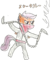 Size: 1144x1352 | Tagged: safe, artist:javierman, scootaloo, pony, g4, bipedal, clothes, female, japanese, kusarigama, martial arts, ninja, simple background, solo, traditional art, weapon, white background