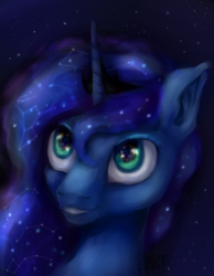 Size: 1164x1500 | Tagged: source needed, safe, artist:lya, princess luna, alicorn, pony, g4, constellation, constellation hair, crown, digital art, ethereal mane, female, galaxy mane, grin, happy, horn, little dipper, looking up, mare, orion (constellation), portrait, royalty, solo, starry eyes, starry mane, starry night, stars, ursa minor (constellation)