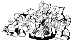 Size: 1000x572 | Tagged: safe, artist:omny87, oc, oc only, earth pony, pegasus, pony, unicorn, fanfic:iron hearts, armor, chaos, commission, cultist, fire, heresy, iron warriors, mask, monochrome, warhammer (game), warhammer 40k