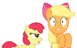 Size: 2885x1798 | Tagged: dead source, safe, artist:comfydove, apple bloom, applejack, g4, accessory theft, apple bloom's bow, bow, caught, hair bow, simple background, sisters, transparent background, vector
