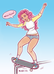 Size: 1146x1554 | Tagged: safe, artist:mcponyponypony, pinkie pie, human, g4, clothes, converse, female, grinding, humanized, midriff, ponk, rail grinding, shoes, shorts, skateboard, skateboarding, sneakers, solo