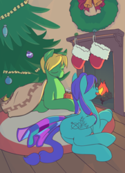 Size: 1058x1465 | Tagged: safe, artist:chibibiscuit, oc, oc only, oc:bear trap, oc:high rise, blanket, christmas stocking, christmas tree, fireplace, mug, tree, wreath