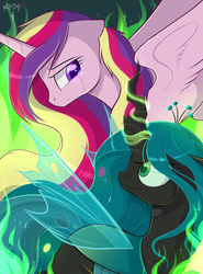 Size: 2000x2700 | Tagged: safe, artist:kodabomb, princess cadance, queen chrysalis, alicorn, changeling, changeling queen, pony, g4, crown, crying, female, fire, green eyes, green fire, green hair, high res, horn, jewelry, magic, multicolored hair, regalia, transparent wings, wings