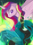 Size: 2000x2700 | Tagged: safe, artist:kodabomb, princess cadance, queen chrysalis, alicorn, changeling, changeling queen, pony, g4, crown, crying, female, fire, green eyes, green fire, green hair, high res, horn, jewelry, magic, multicolored hair, regalia, transparent wings, wings