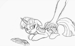 Size: 2247x1387 | Tagged: source needed, safe, artist:frikdikulous, twilight sparkle, alicorn, human, pony, g4, book, disembodied hand, female, grayscale, hand, mare, massage, monochrome, offscreen character, twilight sparkle (alicorn)