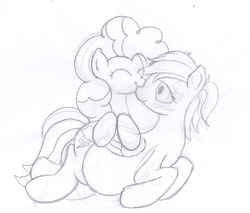 Size: 2650x2254 | Tagged: safe, artist:seenty, pinkie pie, rainbow dash, g4, high res, nuzzling, pencil drawing, pregnant, traditional art