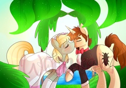 Size: 1072x746 | Tagged: safe, artist:woogiegirl, earth pony, pony, unicorn, crossover, gwen stacy, male, marriage, peter parker, ponified, shipping, spider-man, spiders and magic: rise of spider-mane, watermark, wedding