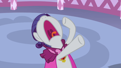 Size: 1280x720 | Tagged: safe, screencap, rarity, pony, unicorn, g4, secret of my excess, cape, carousel boutique, clothes, female, fire ruby, mawshot, nose in the air, open mouth, screaming, solo, taffeta cape, uvula, volumetric mouth