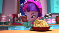 Size: 1912x1080 | Tagged: safe, twilight sparkle, equestria girls, g4, 3d, book, cooking, equestria girls minis, female, food, indoors, moon, night, popcorn, reading, solo, toy