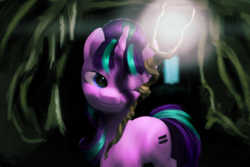 Size: 1600x1067 | Tagged: safe, artist:glukoloff, starlight glimmer, g4, cave, female, s5 starlight, solo, staff, staff of sameness, wink