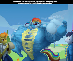 Size: 1512x1267 | Tagged: safe, artist:toonpower, rainbow dash, soarin', spitfire, anthro, g4, clothes, fetish, flexing, growth, misspelling, muscle expansion, muscle fetish, muscles, overdeveloped muscles, rainbuff dash, ripping clothes, wardrobe malfunction, wonderbolts uniform