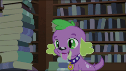 Size: 480x270 | Tagged: safe, screencap, spike, twilight sparkle, dog, equestria girls, g4, animated, book, canterlot high, cute, library, paws, petting, smiling, spikabetes, spike the dog, tail wag
