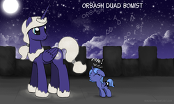 Size: 2500x1500 | Tagged: safe, artist:nimaru, princess luna, oc, oc:orbash, oc:orbash duad bonist, alicorn, pony, g4, baby, baby pony, celestia and luna's father, father and daughter, filly, woona