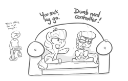 Size: 1032x652 | Tagged: safe, artist:shoutingisfun, diamond tiara, silver spoon, oc, oc:anon, earth pony, human, pony, g4, angry, anon's couch, bad end, bait and switch, bebsi, clothes, controller, couch, dialogue, drink, female, filly, foaldom, food, gaming, grayscale, human male, jewelry, male, monochrome, necklace, open mouth, pearl necklace, pepsi, pizza, soda, unsexy slavery, video game