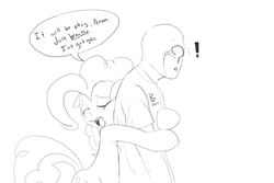 Size: 1500x1000 | Tagged: safe, artist:riggyrag, pinkie pie, oc, oc:anon, earth pony, human, pony, g4, comforting, crying, exclamation point, grayscale, hug, monochrome, simple background, sketch, white background