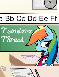 Size: 816x1062 | Tagged: safe, artist:riggyrag, rainbow dash, pegasus, pony, g4, blushing, chalkboard, clothes, female, mare, school uniform, solo, tsundere