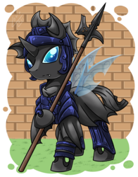 Size: 1567x2000 | Tagged: safe, artist:vavacung, oc, oc:captain black lotus, changeling, armor, changeling armor, clothes, guard, halberd, helmet, male, solo