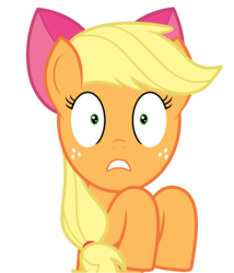 Size: 1500x1750 | Tagged: safe, artist:comfydove, edit, applejack, g4, accessory theft, apple bloom's bow, caught, cropped, female, simple background, solo, transparent background, vector, wide eyes