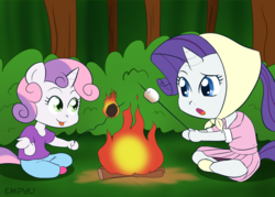 Size: 1000x714 | Tagged: safe, artist:empyu, rarity, sweetie belle, unicorn, anthro, g4, 30 minute art challenge, :p, campfire, camping outfit, chibi, clothes, duo, fire, food, marshmallow, on fire, pleated skirt, rarity using marshmallows, roasted marshmallow, roasting, shoes, shrug, sisters, skirt, sweetie belle using marshmallows, toasted marshmallow, tongue out