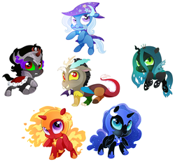 Size: 852x788 | Tagged: safe, artist:aidapone, discord, king sombra, nightmare moon, nightmare star, queen chrysalis, trixie, pony, unicorn, g4, antagonist, chibi, female, mare