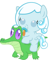 Size: 786x957 | Tagged: safe, artist:red4567, gummy, oc, oc:snowdrop, pony, g4, baby, baby pony, cute, pacifier, ponies riding gators, recolor, riding, snowbetes, snowdrop riding gummy, weapons-grade cute