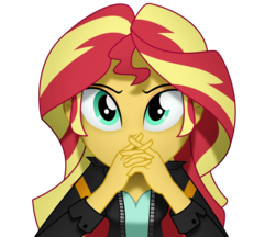 Size: 1400x1209 | Tagged: safe, artist:bootsyslickmane, sunset shimmer, equestria girls, g4, clothes, female, gendo pose, leather jacket, looking at you, simple background, solo, transparent background